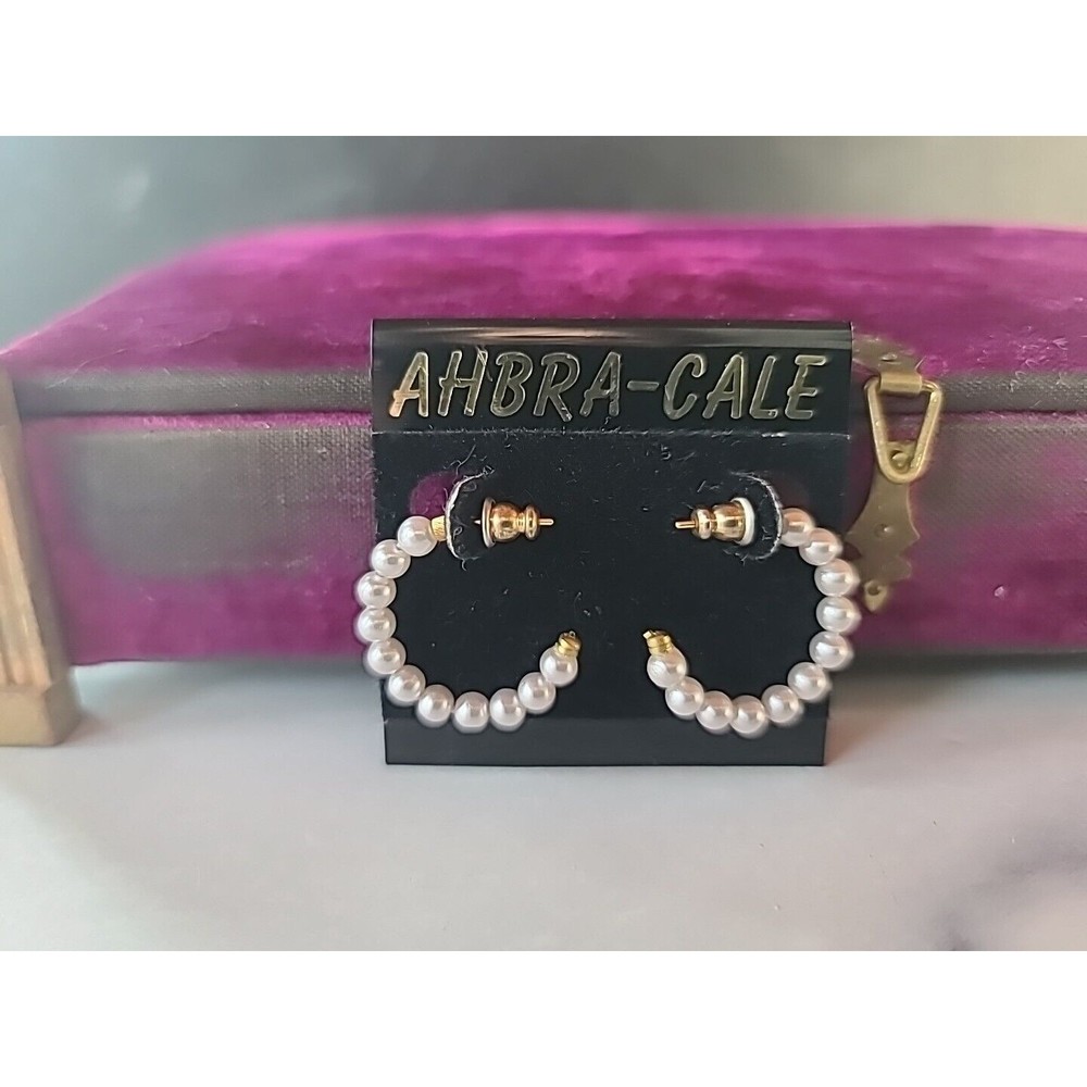 AHBRA-CALE Faux Pearl Beaded Hoop Pierced Earrings NOS